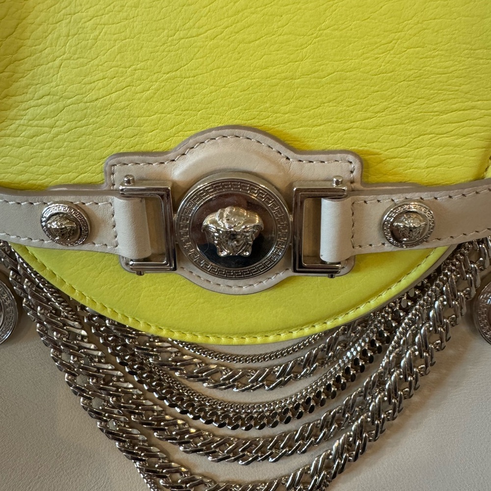 Versace Medusa Signature Satchel DBFD705 Cream Yellow Leather Chain Tote Purse - Picture 5 of 16